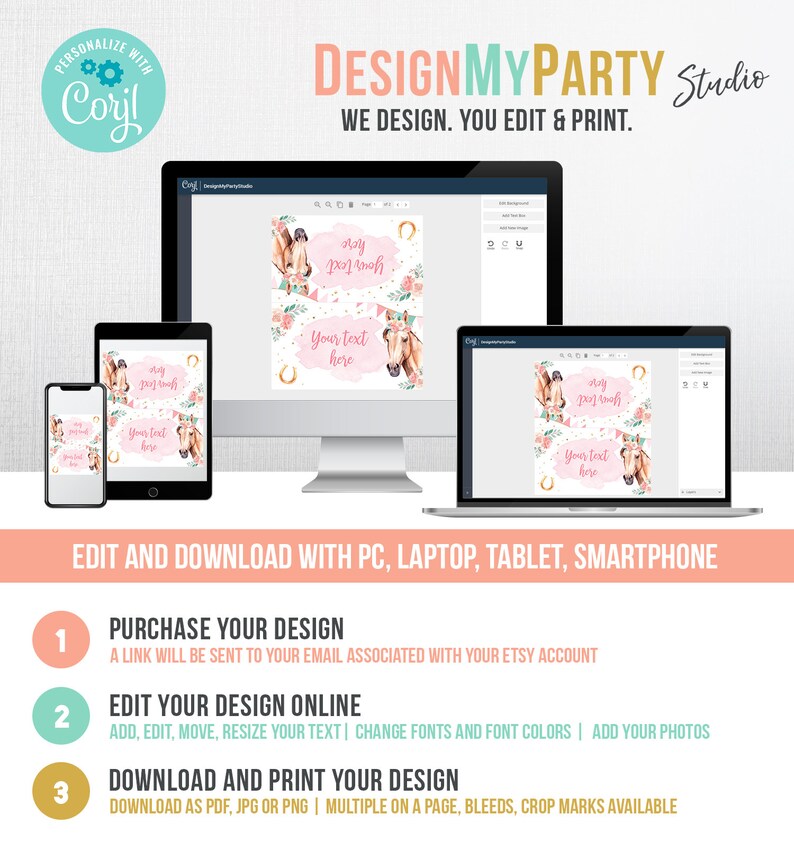 K&ouml;nnte beinhalten: Ein rosa-goldenes, druckbares Party-Design mit einem Pferd mit einem Blumenkranz und dem Text "Pony Party" und "Ihr Text hier". Das Design kann online bearbeitet und heruntergeladen werden.
