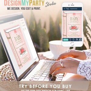 May include: A pink and gold baby shower invitation with a book design. The invitation features the text "A Baby is the beginning of a most beautiful story." and a floral illustration. The invitation is displayed on a laptop screen.
