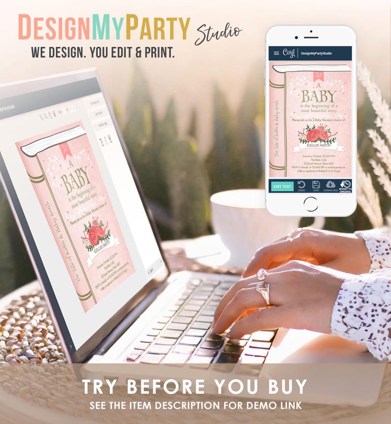 May include: A pink and gold baby shower invitation with a book design. The invitation features the text "A Baby is the beginning of a most beautiful story." and a floral illustration. The invitation is displayed on a laptop screen.