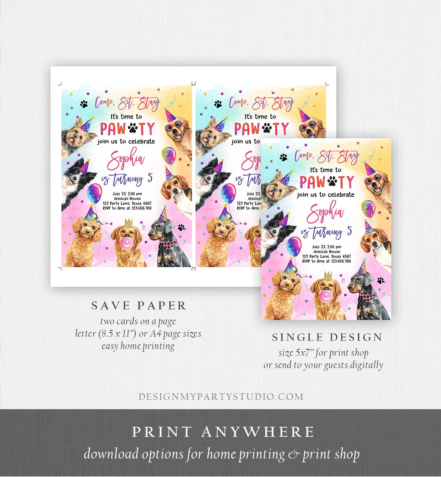 Editable Dog Birthday Party Invitation Puppy Birthday Invite Pink Girl ...