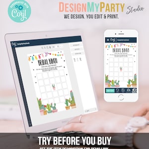 K&ouml;nnte beinhalten: Ein Laptop und ein Smartphone zeigen eine Vorlage f&uuml;r das Spiel "Bridal Bingo". Der Laptop-Bildschirm zeigt das Spieldesign mit einem Kakteen-Thema, w&auml;hrend das Telefon dasselbe Design anzeigt. Der Text "DesignMyParty Studio" ist sichtbar.