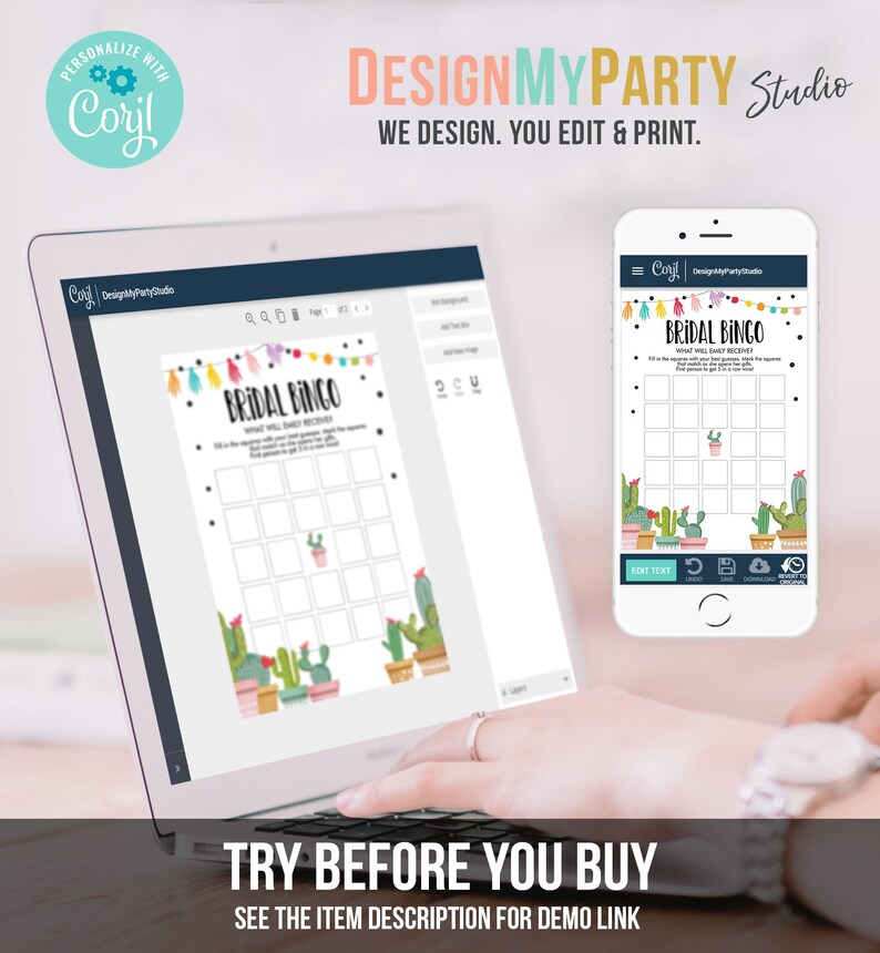 K&ouml;nnte beinhalten: Ein Laptop und ein Smartphone zeigen eine Vorlage f&uuml;r das Spiel "Bridal Bingo". Der Laptop-Bildschirm zeigt das Spieldesign mit einem Kakteen-Thema, w&auml;hrend das Telefon dasselbe Design anzeigt. Der Text "DesignMyParty Studio" ist sichtbar.