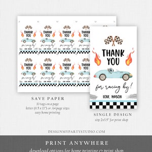 May include: Ten printable thank you tags featuring a blue race car with flames and checkered flags. The text reads "Thank You for racing by! Love, Mason".