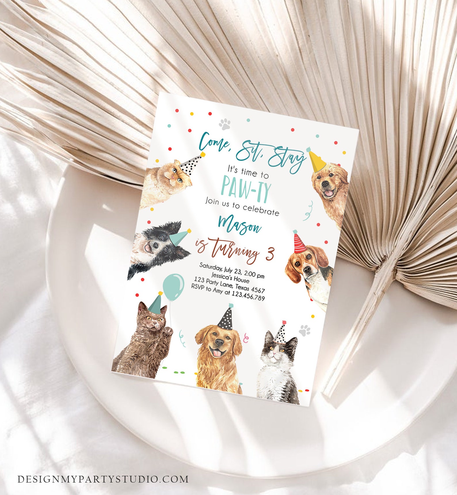 Editable Cats and Dogs Birthday Invitation Cat Dog Birthday Party Boy ...