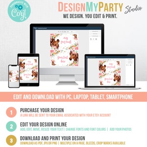May include: A digital mockup showing how to edit and download a printable design for a party. The design features a pink and brown horse with flowers and the text "May you grow" and "Your text here".