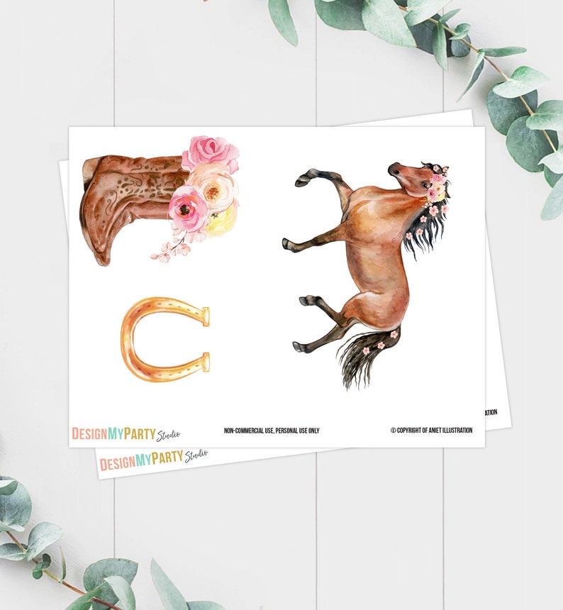 Printable Horse Cake Topper Horse Centerpieces Saddle Up Watercolor Cowgirl Party Girl Pony Birthday Decoration Floral Download Digital 0408 image 2