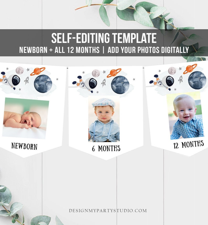 May include: A printable banner template for a baby's first year with a space theme. The banner features illustrations of planets, stars, and a rocket. The template includes 12 photo spaces for each month of the baby's first year, plus a space for a newborn photo.