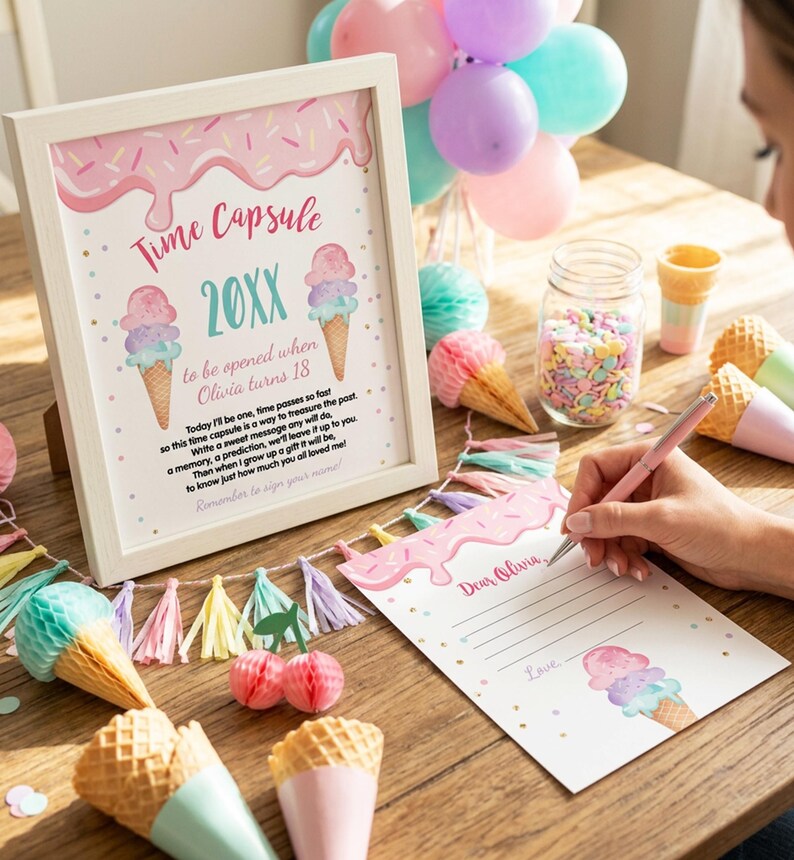 May include: A white framed sign titled Time Capsule 20XX with ice cream cone illustrations and text instructions for a child. Beside it, a matching stationery sheet with lines for writing, decorated with pink frosting and sprinkles, and a pink pen.