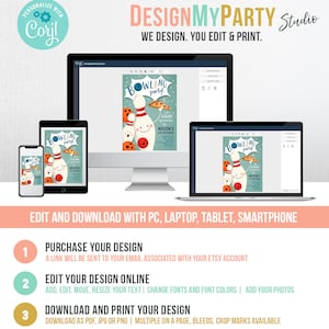 May include: Editable digital invitation for a bowling party. The invitation features a cartoon bowling pin with a smiling face and a pizza slice. The text on the invitation reads "Bowling Party!" and "Mason's 6th Birthday".