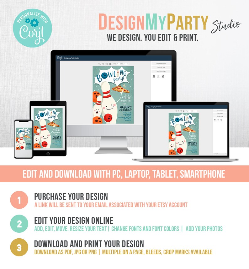May include: Editable digital invitation for a bowling party. The invitation features a cartoon bowling pin with a smiling face and a pizza slice. The text on the invitation reads "Bowling Party!" and "Mason's 6th Birthday".