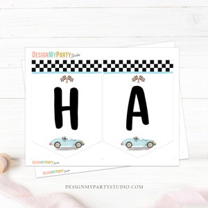 May include: Printable banner with the letters "HA" in black, with a checkered black and white background and a blue race car graphic on each side. The banner is designed for a birthday party.
