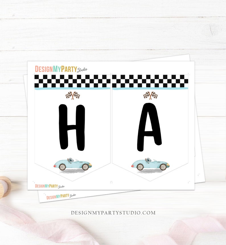 May include: Printable banner with the letters "HA" in black, with a checkered black and white background and a blue race car graphic on each side. The banner is designed for a birthday party.