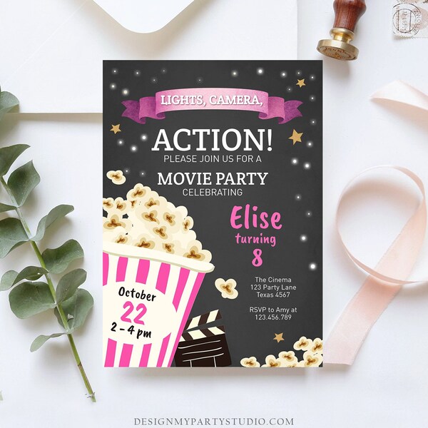 Invitation d'anniversaire soirée cinéma modifiable fille rose film inviter cinéma fête arrière-cour film pop-corn téléchargement modèle imprimable Corjl 0182