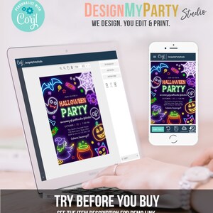 May include: A laptop and smartphone displaying a Halloween party invitation design. The invitation features neon-style graphics of ghosts, pumpkins, and a witch. The text on the screen reads "HALLOWEEN PARTY" and "TRY BEFORE YOU BUY".