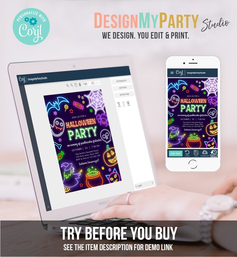 May include: A laptop and smartphone displaying a Halloween party invitation design. The invitation features neon-style graphics of ghosts, pumpkins, and a witch. The text on the screen reads "HALLOWEEN PARTY" and "TRY BEFORE YOU BUY".