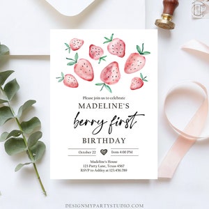 Editable Strawberry Birthday Invitation First Birthday Berry Sweet Girl Cute Strawberries 1st Download Printable Template Corjl Digital 0399
