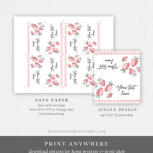 May include: Printable save the date cards with a pink and white gingham background and watercolor strawberries. The text on the card says "Save the Date".