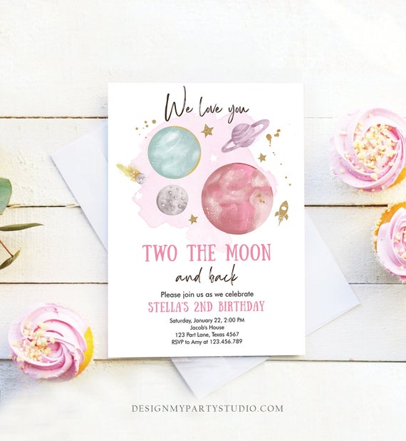 Editable Two the Moon 2nd Birthday Invitation Girl Pink Space Love you Two the moon Galaxy Download Printable Template Digital Corjl 0357 Il_570xn