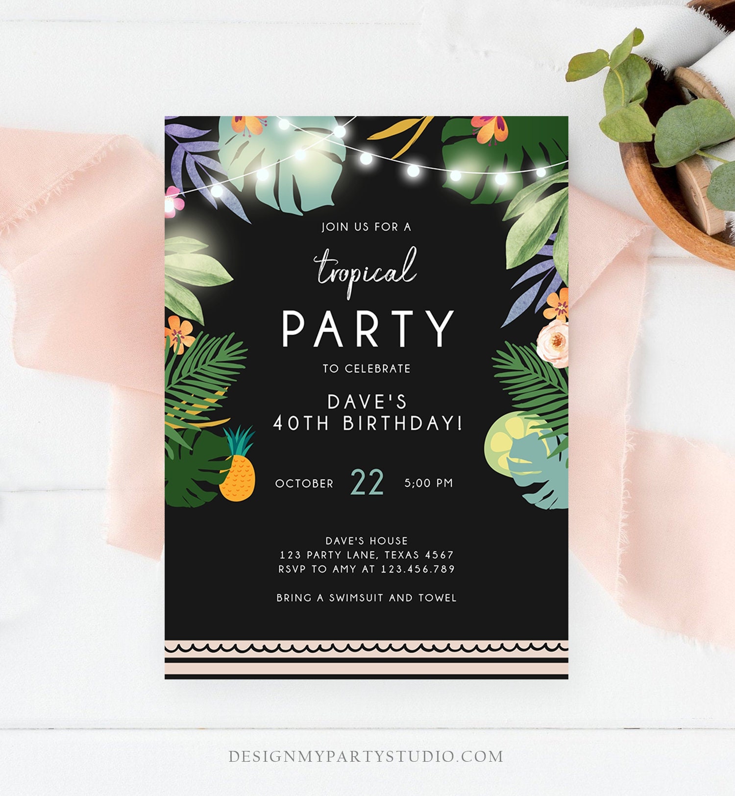 Editable Tropical Birthday Invitation Tropical Party Adult picture