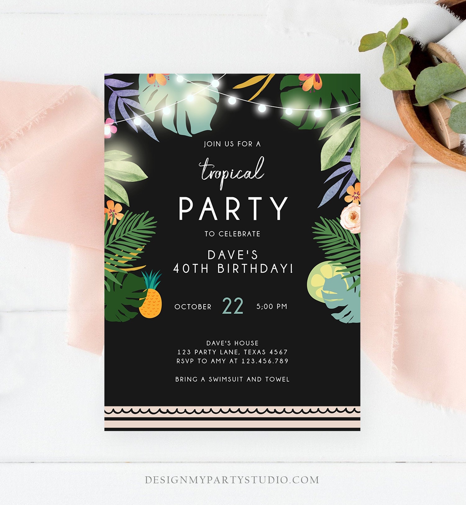 Editable Tropical Birthday Invitation Tropical Party Adult picture