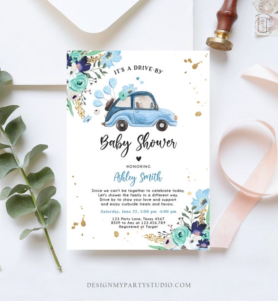Editable Drive By Baby Shower Invitation Blue Girl Boy Baby Shower