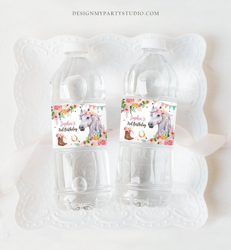 May include: Two clear plastic water bottles with personalized labels. The labels feature a watercolor illustration of a horse with a floral wreath and the text "Sophia's 3rd Birthday".