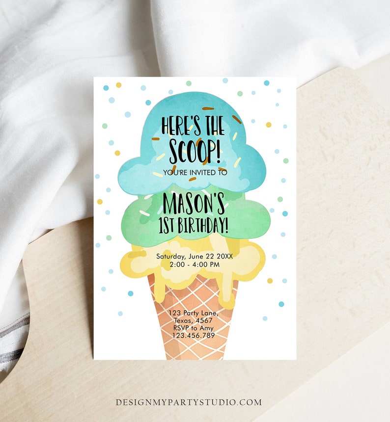 May include: A colorful ice cream cone birthday party invitation with the text "Here's the Scoop!" and "Mason's 1st Birthday!"  The invitation includes details for the party, including the date, time, and location.