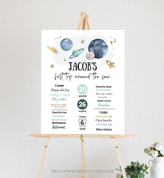 Editable Outer Space Birthday Milestones Sign First Trip Around the Sun Boy 1st Birthday Space Galaxy Planets Template Printable Corjl 0357 Il_570xn