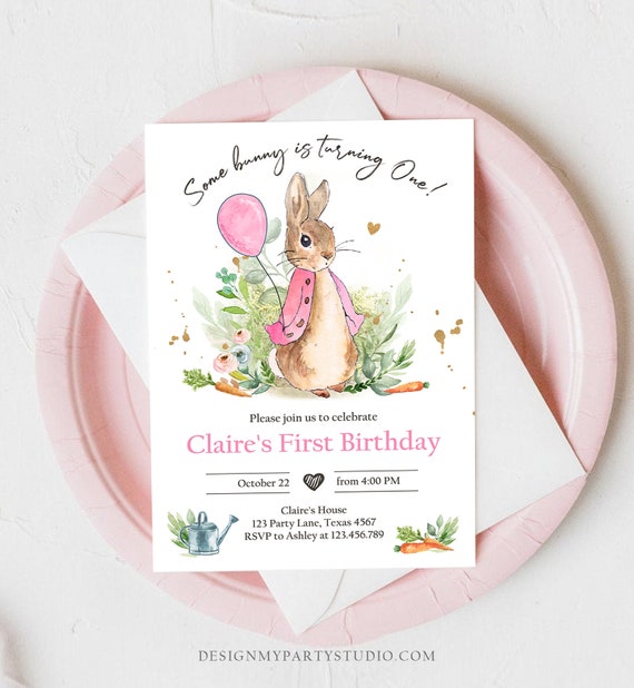 Editable Flopsy Bunny Birthday Invitation Gril Pink Rustic Peter Rabbit 1st Birthday Invite Watercolor Digital Corjl Template Printable 0351 Il_570xn