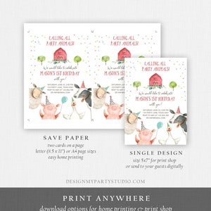 May include: A printable invitation for a first birthday party with a farm animal theme. The invitation features a red barn, a pig, a sheep, a cow, and a goose. The text on the invitation reads "Calling all party animals! We would like to celebrate Mason's 1st Birthday with you!" The invitation also includes the date, time, and location of the party. The invitation is available in two sizes: 8.5 x 11 inches for home printing and 5x7 inches for print shops.