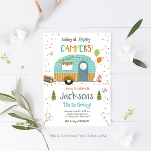 May include: A colorful invitation for a 9th birthday party with a cartoon camper van, trees, and the text "Calling all Happy Campers!" and "Jackson's 9th Birthday!"