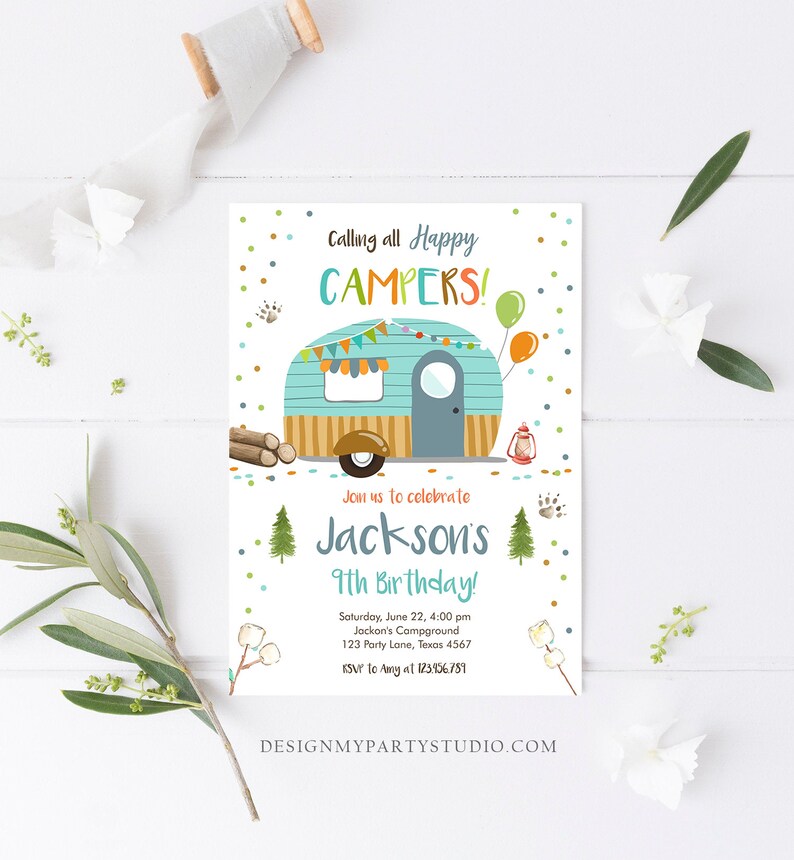 May include: A colorful invitation for a 9th birthday party with a cartoon camper van, trees, and the text "Calling all Happy Campers!" and "Jackson's 9th Birthday!"