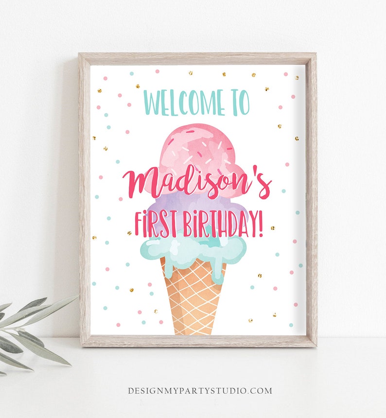 Editable Ice Cream Party Welcome Sign ice Cream Birthday Welcome Ice Cream Welcome Girl Summer Pink Purple Template PRINTABLE Corjl 0243 image 2