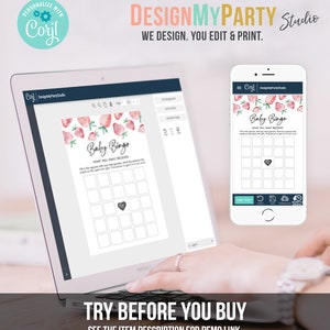 May include: A laptop and smartphone display a baby bingo game template. The laptop screen shows the design interface with editable elements. The phone displays the game on a white background. The text "DesignMyParty Studio" is visible.