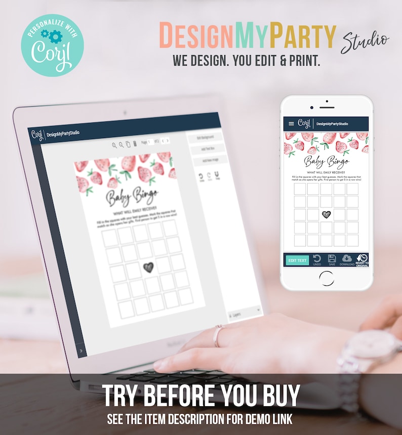 May include: A laptop and smartphone display a baby bingo game template. The laptop screen shows the design interface with editable elements. The phone displays the game on a white background. The text "DesignMyParty Studio" is visible.