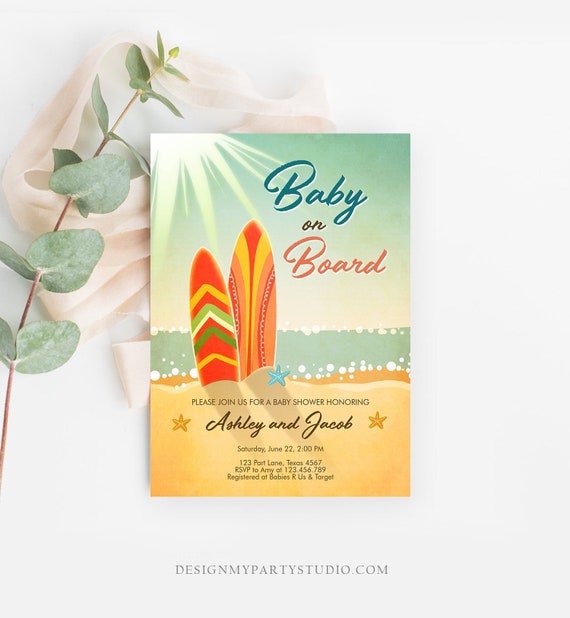Editable Baby on Board Shower Invitation Surfing Boy Baby Shower Summer Beach Vintage Download Printable Invitation Template Corjl 0241 Il_570xn