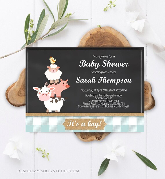 Editable Farm Baby Shower Invitation Barnyard Shower Farm Animals Boy Baby Shower Blue Download Printable Template Digital Corjl 0064 Il_570xn