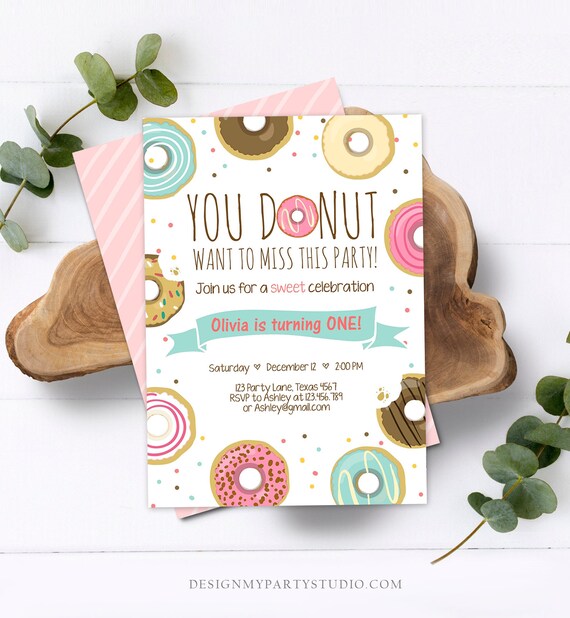 Editable Donut Birthday by Mail Invitation First Birthday 1st by Mail Invitation 100 Sprinkle by Mail Invitation
