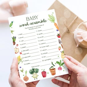 Juego de palabras revueltas para bebés editable, juego de baby shower de Little Sprout, juego de adivinanzas, mercado de agricultores, plantilla digital imprimible de productos locales 0544