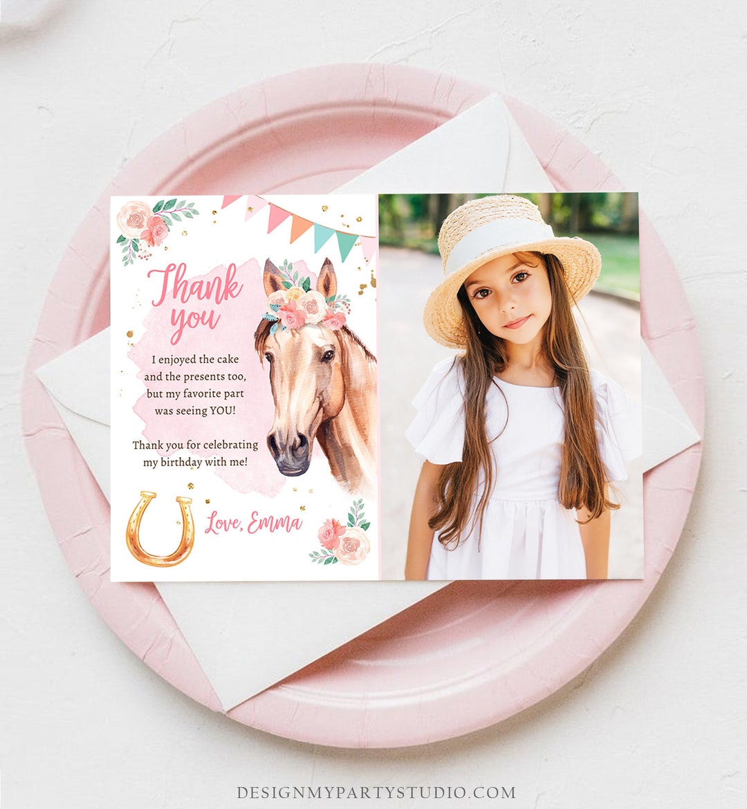 Editable Horse Thank You Card Note Girl Birthday Party Cowgirl ...