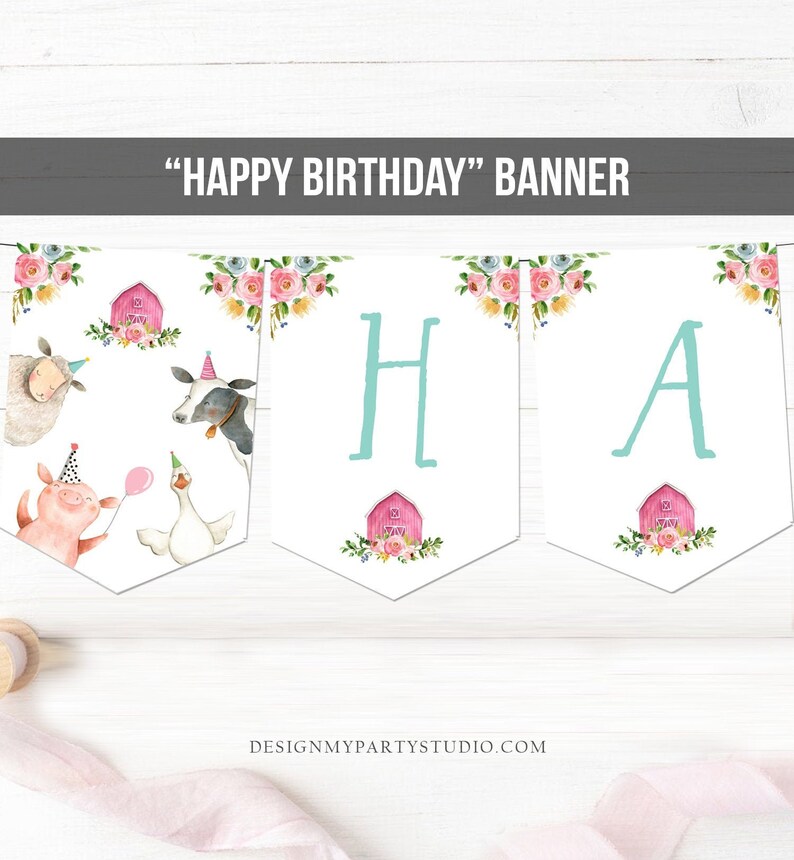 Happy Birthday Banner Pink Farm Birthday Banner Farm Animals Girl Barnyard Birthday Decorations Instant download PRINTABLE DIGITAL DIY 0155 image 1