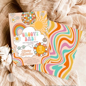 May include: A groovy baby shower invitation with a rainbow, a disco ball, and a sun. The invitation is in a retro 70s style with a peach background and swirls of orange, pink, and blue. The text reads "Groovy Baby" and includes the date and time of the shower.