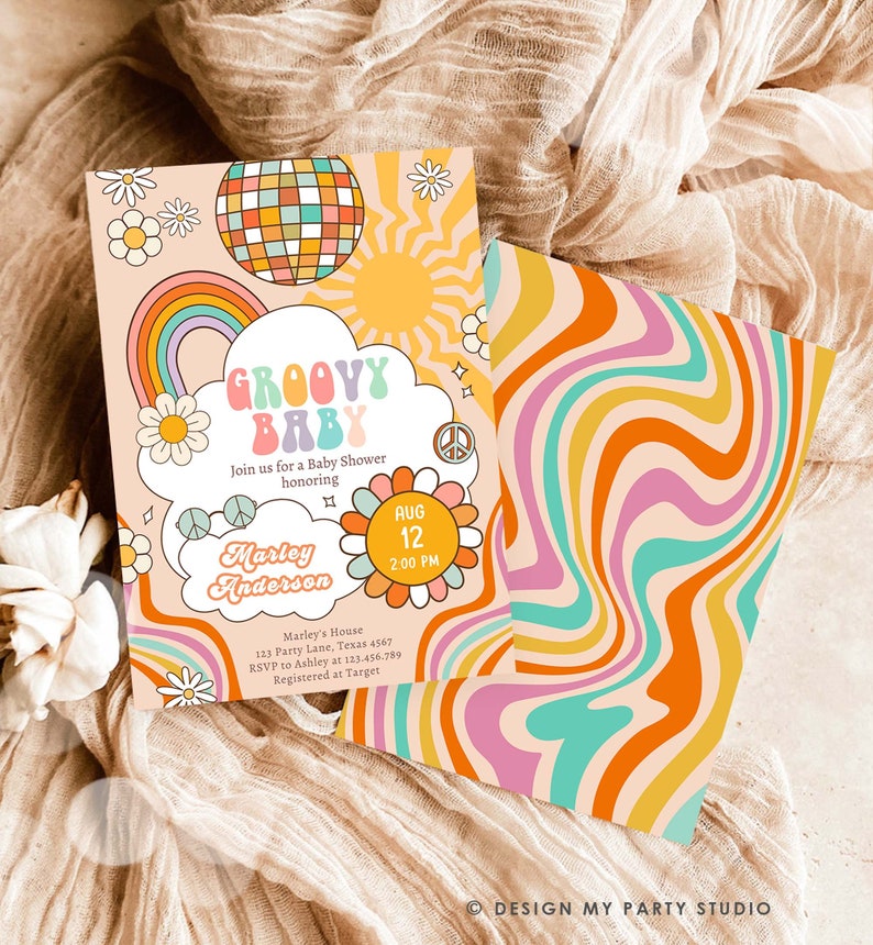 May include: A groovy baby shower invitation with a rainbow, a disco ball, and a sun. The invitation is in a retro 70s style with a peach background and swirls of orange, pink, and blue. The text reads "Groovy Baby" and includes the date and time of the shower.