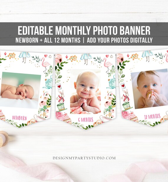 Editable Alice in Onederland First Birthday Banner Monthly Photo Banner Wonderland Tea Party 1st Blue Girl Corjl Template Printable 0350 Il_570xn