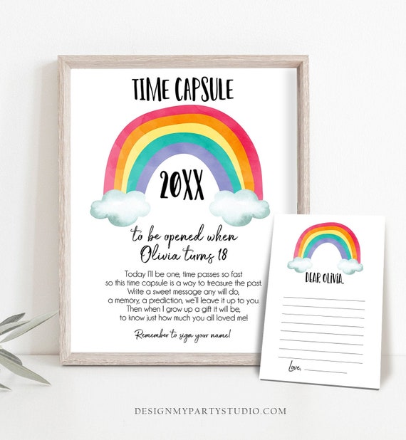 editable rainbow time capsule girl rainbow 1st birthday colorful first birthday rainbow colors boy magical printable corjl template 0272 by design my party studio catch my party