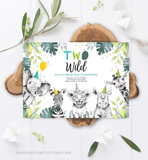 Editable Two Wild Birthday Invitation Boy Safari Animals Green Gold Safari Zoo Second Birthday