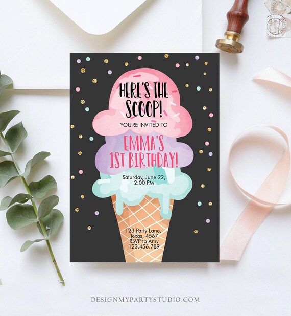 Editable Ice Cream Birthday Invitation First Birthday Party Here's the Scoop Cone Pink Mint Gold Purple Printable Template Corjl 0243 Il_570xn