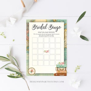 Editable Bridal Bingo Bridal Shower Game Travel Wedding Shower Activity Rustic Suitcases Vintage Map Party Digital Template Printable 0044 image 2