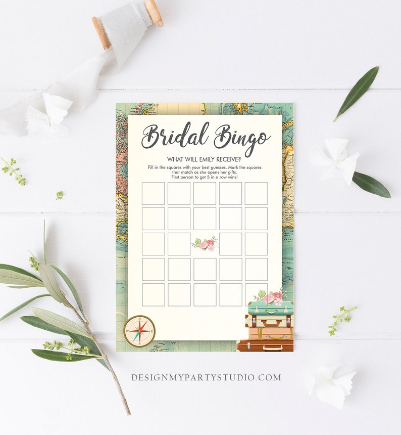 Editable Bridal Bingo Bridal Shower Game Travel Wedding Shower Activity Rustic Suitcases Vintage Map Party Digital Template Printable 0044 image 2