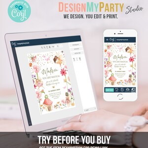 May include: A digital design template for a fairy-themed birthday party invitation. The invitation features a watercolor illustration of fairies, flowers, and a mushroom house. The text on the invitation reads "Madison You Are Magical".